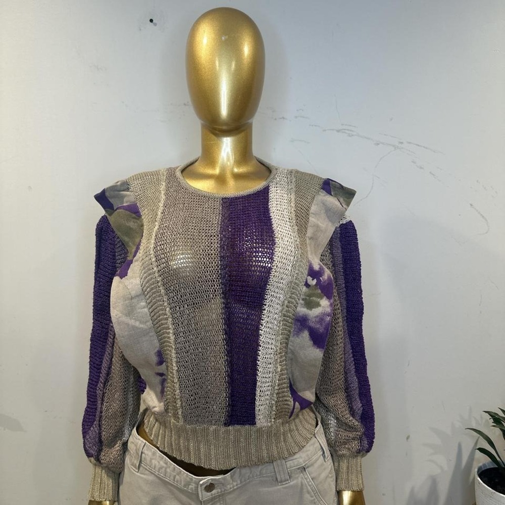 80s Vintage Dino Valiano Linen Sweater Purple Green boho vibe 6 small/medium